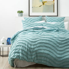 Aqua Wave 100% Cotton Chenille Vintage washed tufted Quilt cover Set Euro P/Case by Cloud Linen
