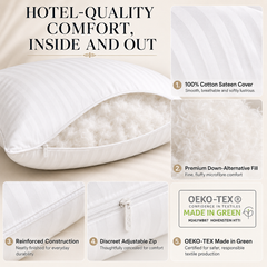 NOUR Adjustable Hotel Pillows with Cotton Sateen Cover – Standard Size, 2 Pack