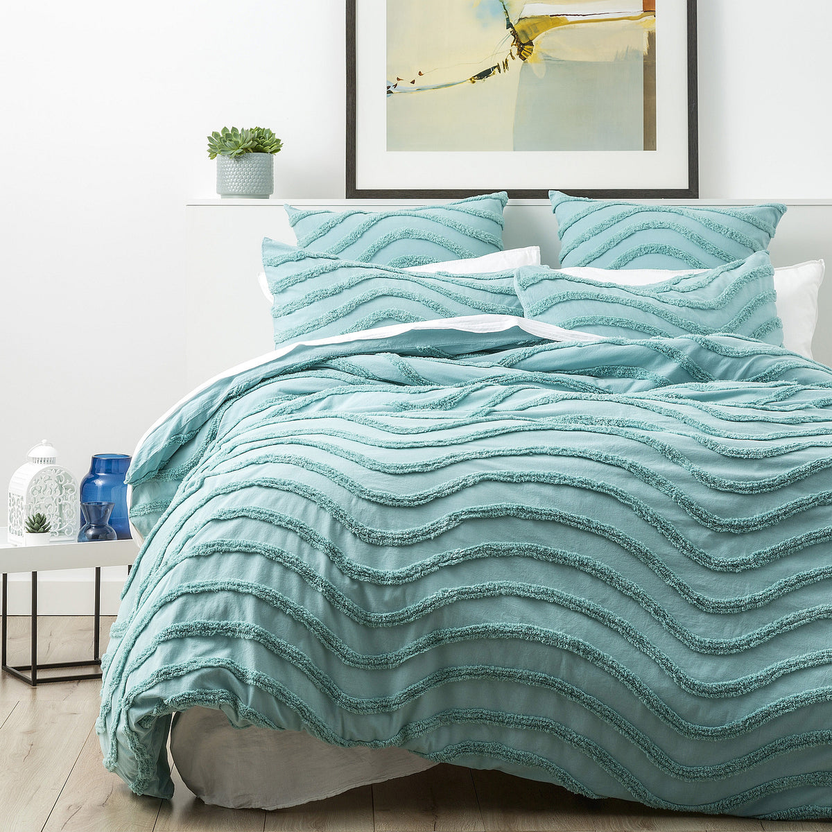 Aqua Wave 100% Cotton Chenille Vintage washed tufted Quilt cover Set Euro P/Case by Cloud Linen