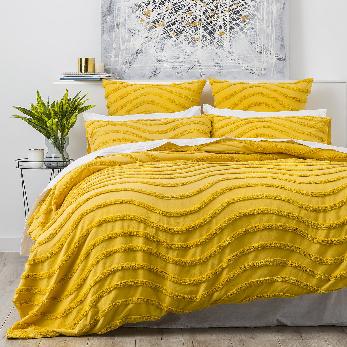 Mustard Wave 100% Cotton Chenille Vintage washed tufted Quilt cover Set Euro P/Case by Cloud Linen