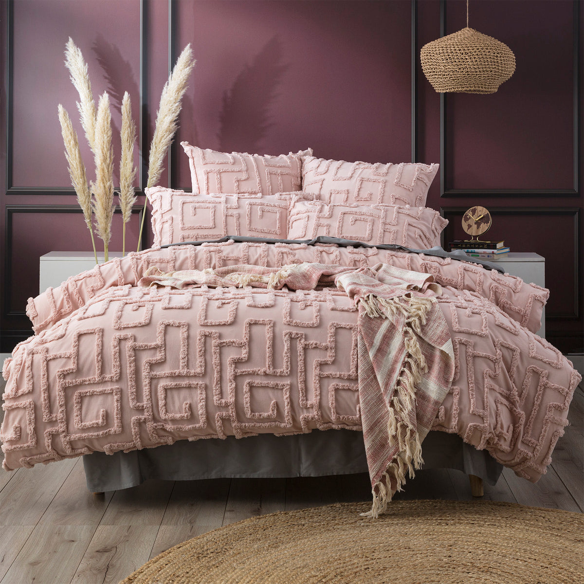 Riley Blush Vintage Washed Cotton Chenille Tufted Quilt Cover Set Euro P/Case by Renee Taylor