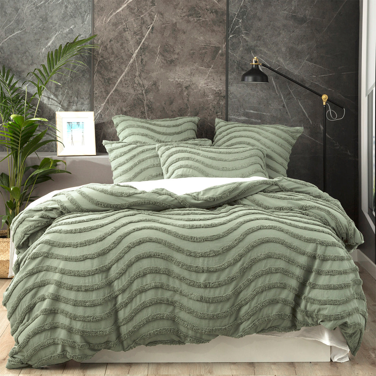 Sage Wave 100% Cotton Chenille Vintage washed tufted Quilt cover Set by Cloud Linen