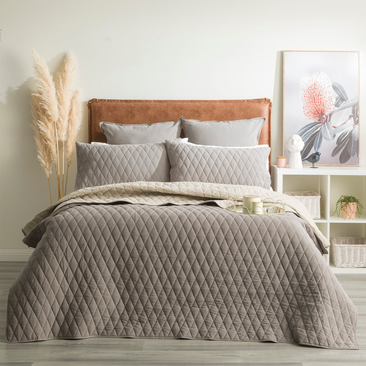 Diamante Vintage Stone Washed Cotton Reversible Quilted Charcoal Coverlet Set By Renee Taylor