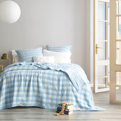 Gingham French Blue Washed Cotton Yarn Dyed Revesible Textured Blanket by Renee Taylor