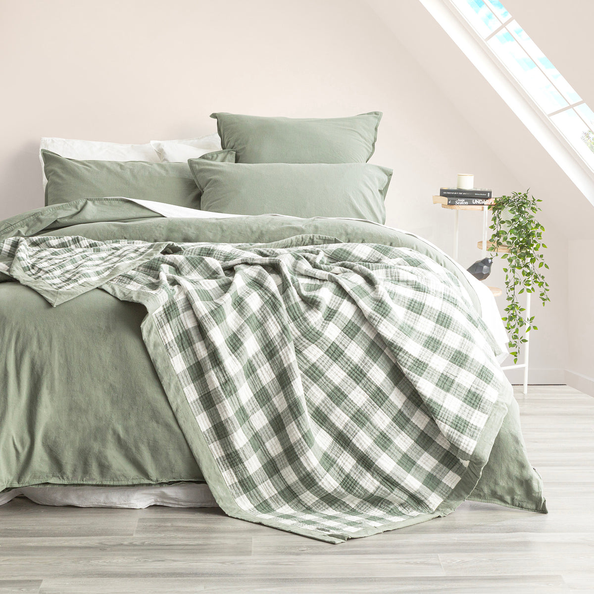 Gingham Emerald Washed Cotton Yarn Dyed Revesible Textured Blanket by Renee Taylor