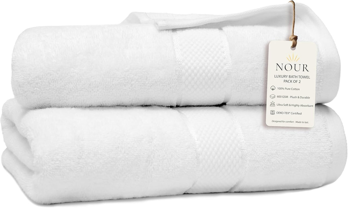 NOUR Signature Bath Towels – 2 Pack | GOTS Certified 100% Cotton, 600 GSM | White