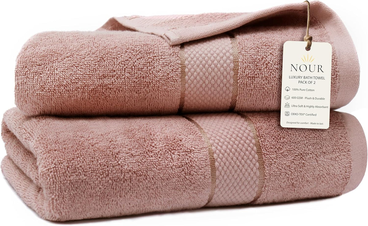 NOUR Signature Bath Towels – 2 Pack | GOTS Certified 100% Cotton, 600 GSM | Dusty Pink