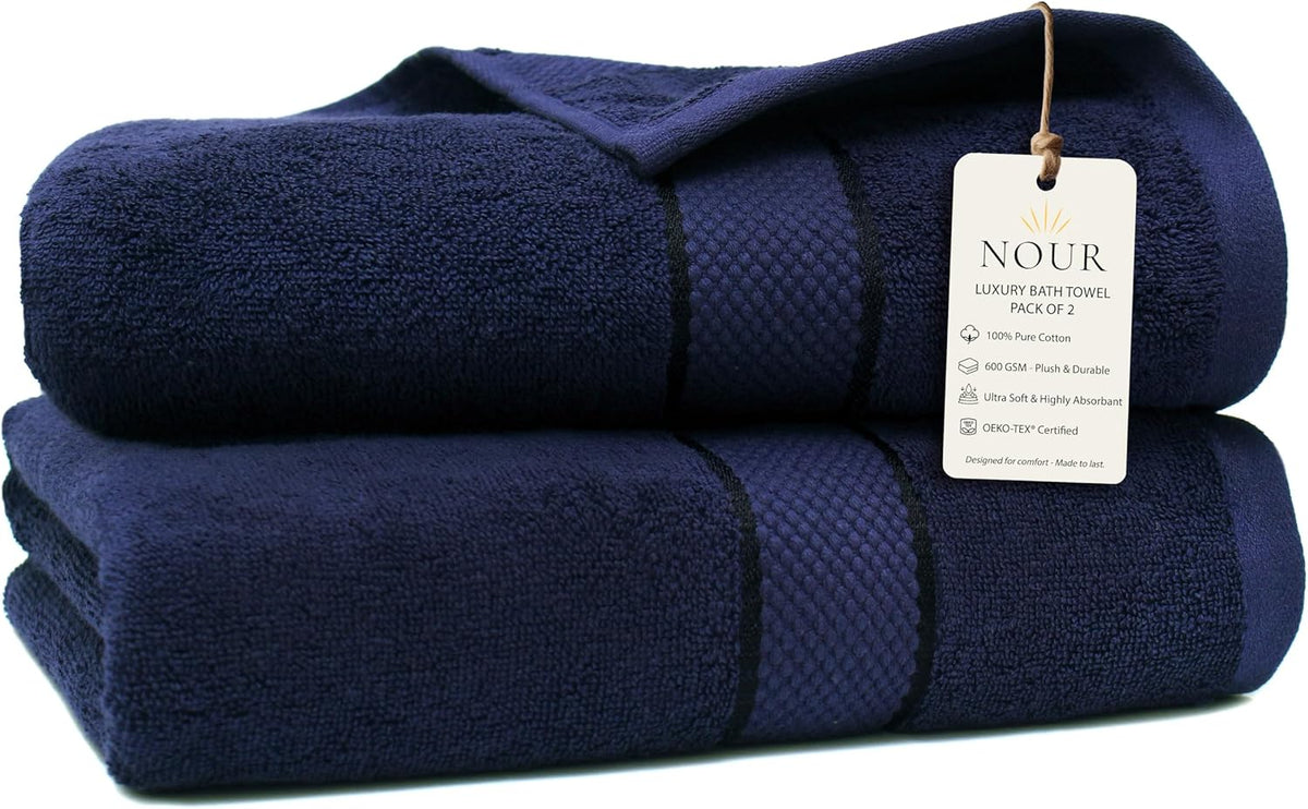 NOUR Signature Bath Towels – 2 Pack | GOTS Certified 100% Cotton, 600 GSM | Royal Navy Blue