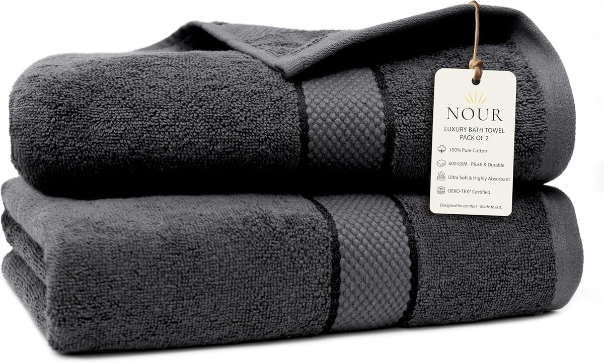 NOUR Signature Bath Towels – 2 Pack | GOTS Certified 100% Cotton, 600 GSM | Charcoal Grey