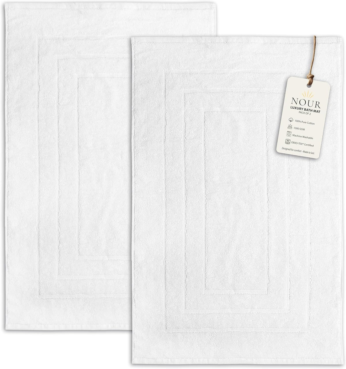NOUR Signature Bath Mats – 2 Pack | 1000 GSM 100% GOTS Certified Cotton | Snow White