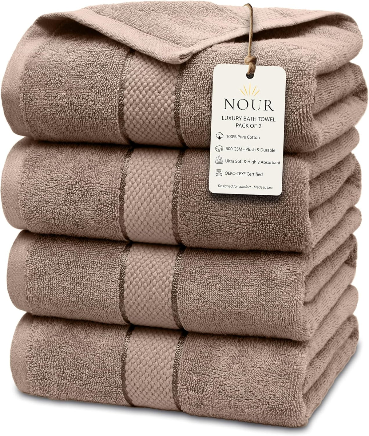 NOUR Signature Bath Towels – 4 Pack | GOTS Certified 100% Cotton, 600 GSM | Beige Latte