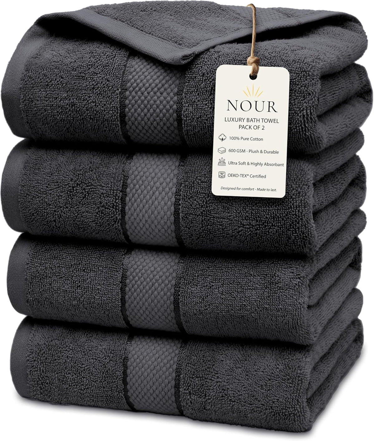 NOUR Signature Bath Towels – 4 Pack | GOTS Certified 100% Cotton, 600 GSM | Charcoal Grey