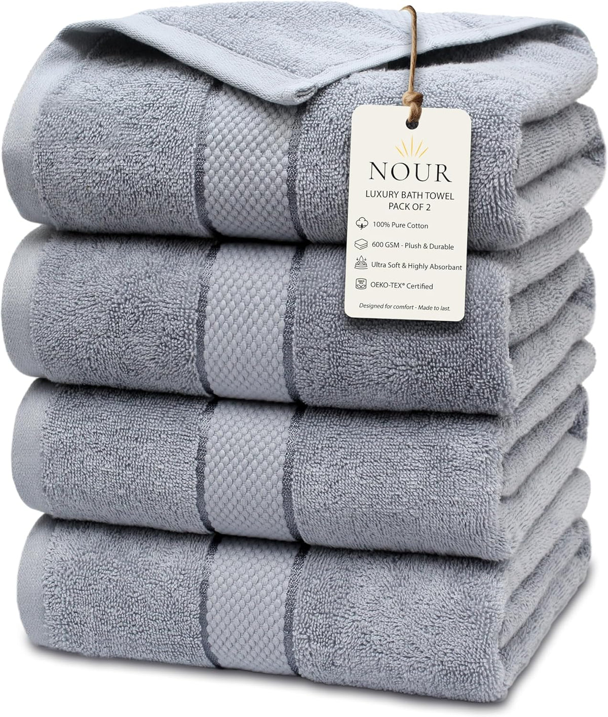 NOUR Signature Bath Towels – 4 Pack | GOTS Certified 100% Cotton, 600 GSM | Dusty Blue