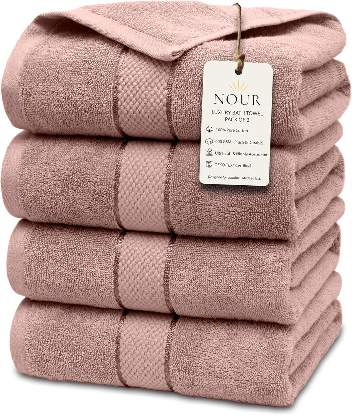 NOUR Signature Bath Towels – 4 Pack | GOTS Certified 100% Cotton, 600 GSM | Dusty Pink
