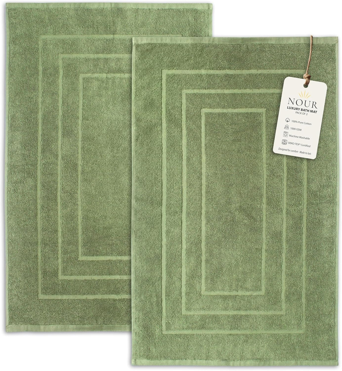 NOUR Signature Bath Mats – 2 Pack | 1000 GSM 100% GOTS Certified Cotton | Sage Green